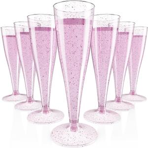 JOLLY CHEF 100 Pack Plastic Champagne Flutes Disposable 4.5 oz Purple Glitter Plastic Champagne Glasses Perfect for Wedding, Thanksgiving Day, Christmas
