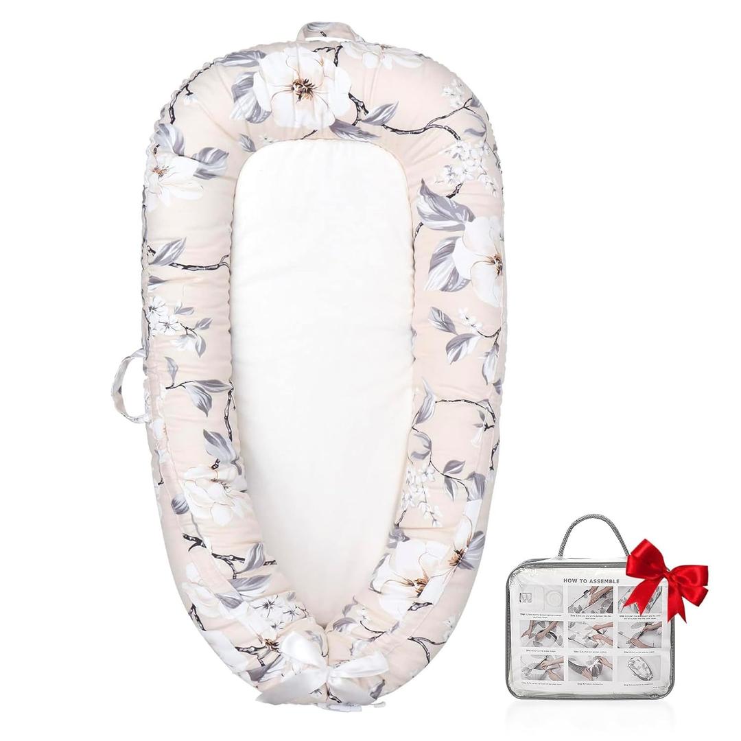 Baby Lounger | Organic Cotton Infant Lounger | Reversible, Adjustable & Portable Floor Lounger | Soft, Breathable, Washable Cover (grey flower)