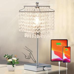 Luvkczc Crystal Table Lamp with Touch Control and USB for Bedside, 3-Way Dimmable with Crystal Shade for Bedroom, Living Room, 6W LED Bulb Included (Silver)