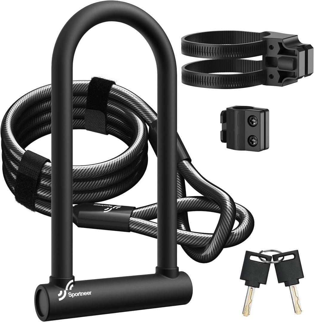 Sportneer Bike Lock: Heavy Duty Bike U Lock with 6ft Security Steel Cable - 18mm Shackle Bicycle U-Locks with Keys and Sturdy Mounting Bracket for Road Mountain Bike Bicycle, Size 11.5''x6.25'' (Black)