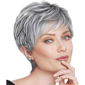 Short Grey Pixie Wig with Fringe for Women, Old Lady Wig, Silver Grey Hair Wigs, Fluffy Layered Synthetic Hair, Black and Grey Wigs, Daily Wear and Special Occasions (Silver Grey)