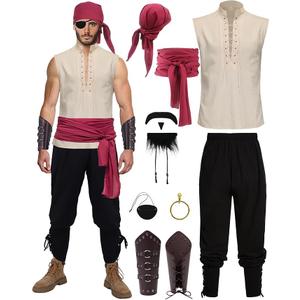 11 Pcs Adult Pirate Costume Men Renaissance Medieval Shirt Ankle Banded Pants with Viking Accessories Beard Arm Guard, medium