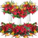 Hotop 4 Set/ 16 Pcs Artificial Tropical Flower Bouquets Bulk for Hawaii Centerpieces Bird of Paradise Lily Bouquet Permanent Flower Tropical Imitation Plant for Party Office Home Decor (Rose Red)