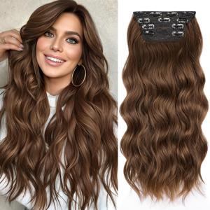 HMD Clip In Long Wavy Hair Extension 1 PCS Synthetic Hairpieces  Thick Double Weft Hair Extension for Women (Brown)