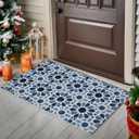 Jvpke Blue Floral Moroccan Tile Door Mats Outdoor Entrance, Modern Blue and White Welcome Bath Mats for Front Door, 17x30 Inches