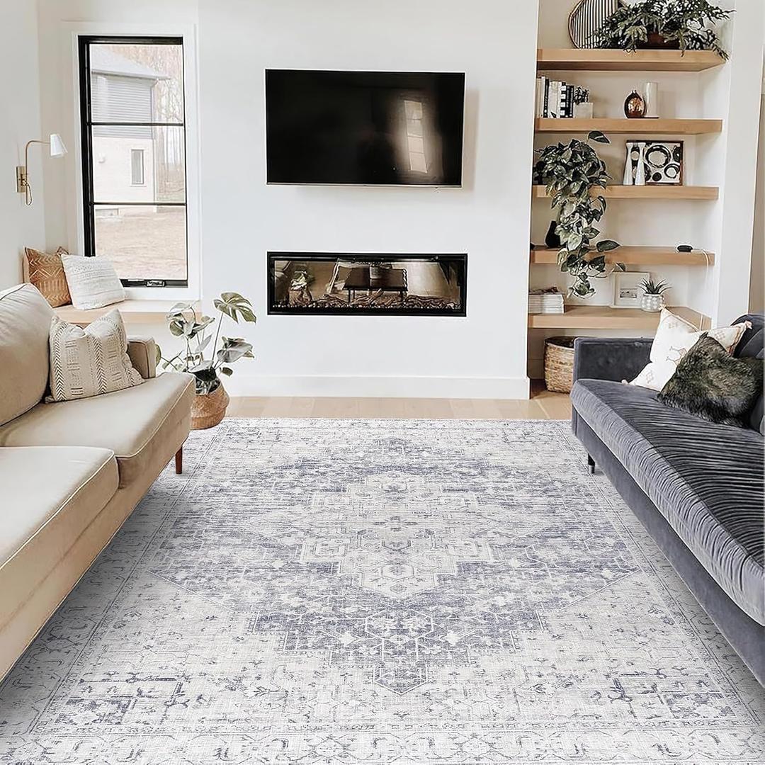 Cream and Slate Grey Area Rug 6x9 for Bedroom Living Room Floor Washable Boho Pattern Geometric Rug to Match Gray Couch for Dining Room, 6 x 9