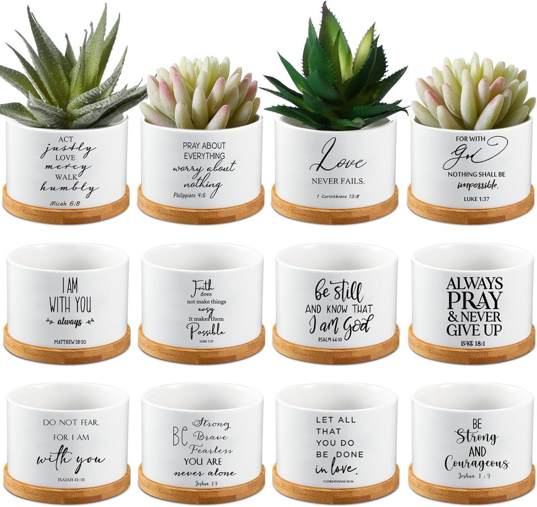 12 Pcs White Bible Verse Succulent Pots with Drainage 3.15 Inch Mini Ceramic Flower Planter Pot with Bamboo Tray Small Plant Pots Christian for Friends and Family, Plants Not Included