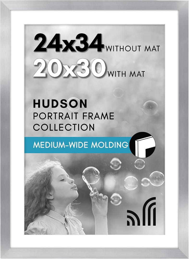 Americanflat 24x34 Poster Frame with Polished Plexiglass - Use as 20x30 Frame with Mat or Display 24x34 Photo Without Mat - Hudson Collection - Wide Picture Frames for Wall Display - Silver