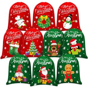 Abbylike 20 Pcs Christmas Flannel Drawstring Bags Bulk Santa Christmas Gift Xmas Medium Size Candy Wrapping Bags for Treat Holiday Party Favors, 8 x 10 Inch
