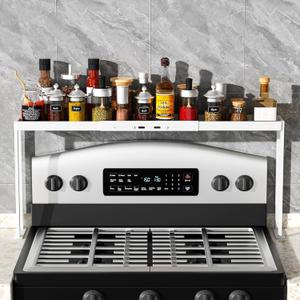 Stove Top Shelf, Stove Rack Shelf for Back of Stove, Over the Stove Spice Rack,Over Stove Spice Rack Adjustable 27-33 inch for Kitchen Stove, Oven, Sink Spice Organizer, White