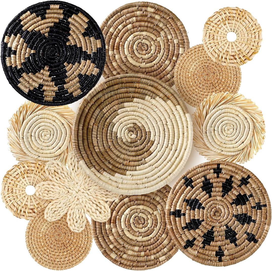 11 Pcs Boho Hanging Wall Basket Decor Handmade Woven Basket Wall Decorative Boho Wicker Baskets Placemats Round Farmhouse Bulrush Art for Rustic Home Decorations Christmas Gift(Rustic)