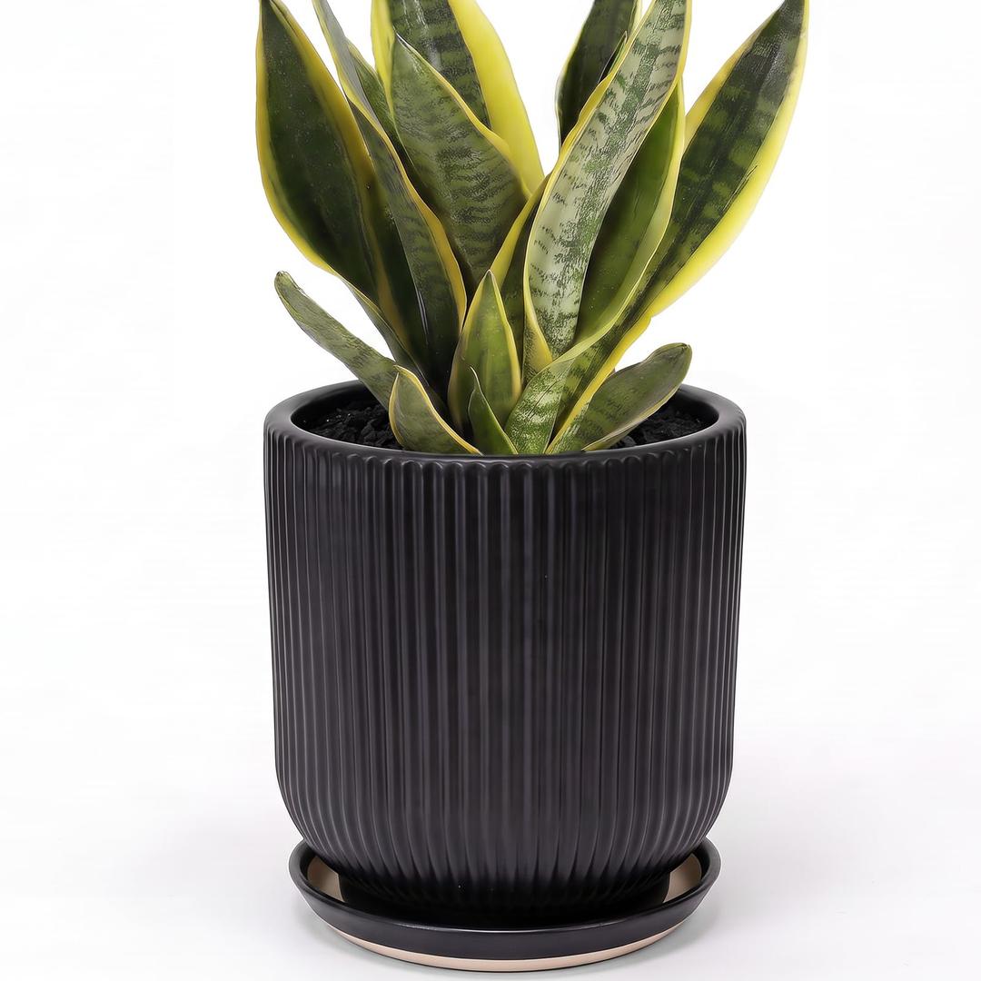 Deep Dream 12 Inch Ceramic Pots for Plants, Heavy Plant Pot for Indoor Outdoor Plants, Large Plant Pot with Drainage Hole and Saucer, Modern Tall Flower Pot, Gifts for Plant Lovers, Black
