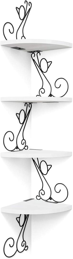 Alsonerbay Floating Corner Wood Shelves, 4 Tier Wall Mounted Rustic Storage Shelf, Cat Shaped Shelving for Wall, Solid Wooden Decor for Living Room, Bedroom, Kitchen, Bathroom, Office White