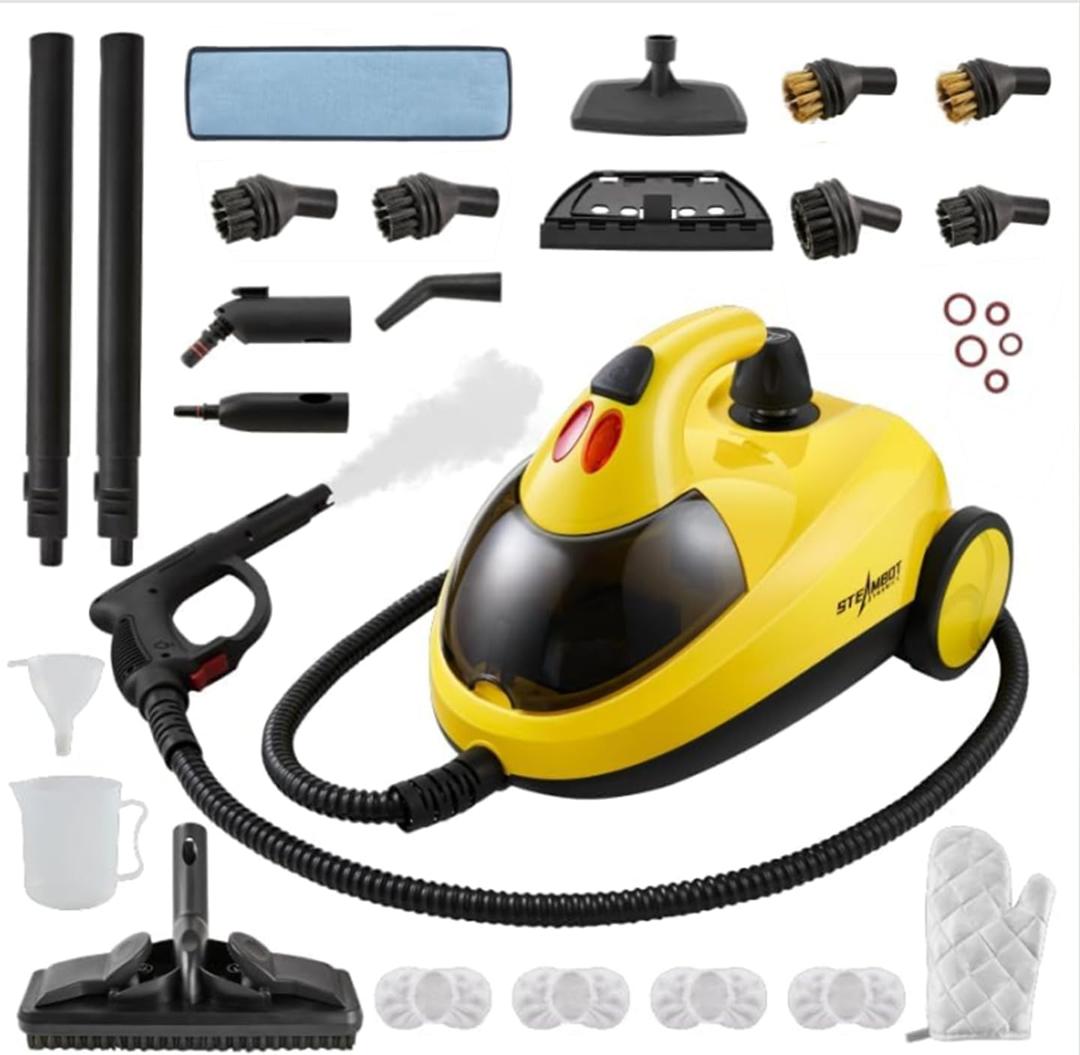 STEAMBOT Heavy Duty Steam Cleaner with 2L Large Water Tank, 28-in-1 Multipurpose steam cleaner for home, High Temperature Deep Cleaning for Grout, Floor, Tile, Oven, Car, Window&Kitchen No Chemical (Yellow)