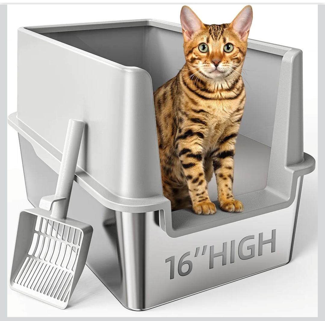 16" High Sides Stainless Steel Litter Box with Lid, XL XXL Extra Large Enclosed Metal Litter Box for Big Cats & Kitty, Never Absorbs Odors, Non-Sticky, Anti-Urine Leakage, Easy Cleaning