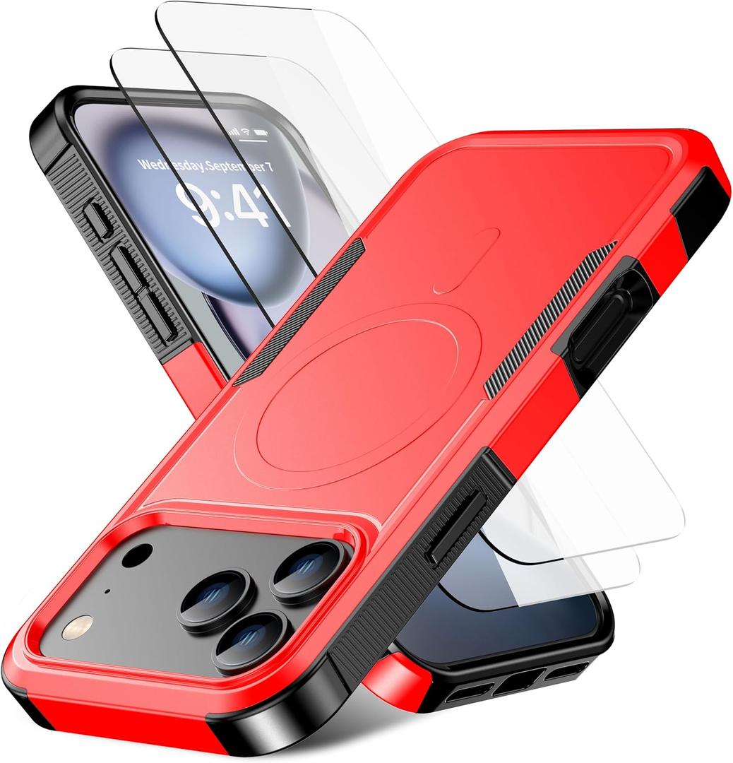 3 x Magnetic for iPhone 17 Pro Max Case [Compatible with MagSafe] [Shockproof] [Heavy Duty Protection] Pocket-Friendly & Tough Non-Slip Protective Phone Cover for iPhone 17 promax 6.9", Red