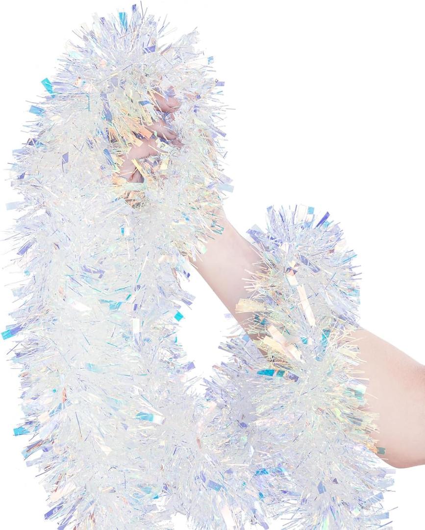 20FT/6M Christmas Tinsel Garland Iridescent Metallic Tinsel Twist Garland Glitter Foil Hanging Decoration for Xmas Tree Decoration Wedding Party Supplies (White)