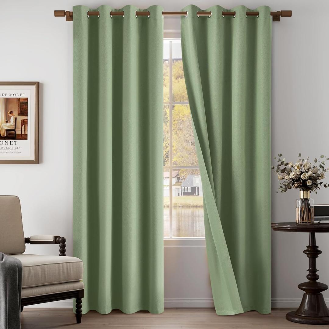 100% Blackout Linen Textured Curtains 84 Inch Length 2 Panels Set for Living Room, Bedroom, Light Weight Curtains with Grommets Top, Full Blackout Curtains Privacy Protection, Green, 52" W x 84" L