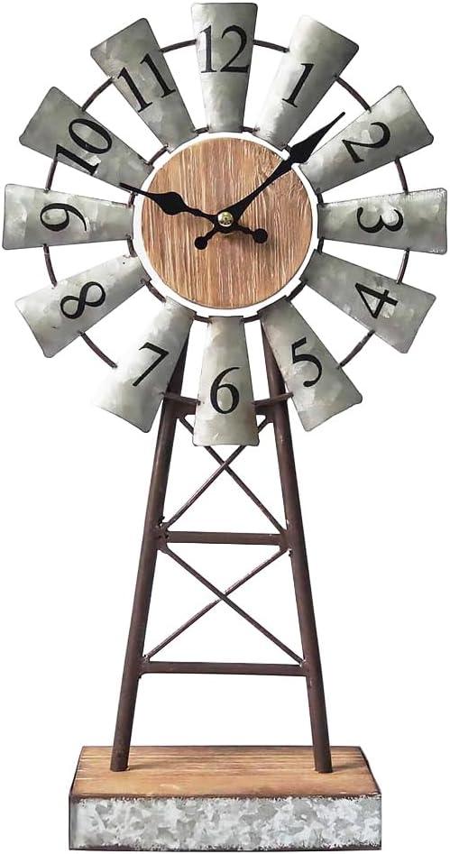 Rustic Windmill Table Clock for Living Room Decor, Vintage Galvanized Metal & Wood Desk Clock with Silent Quartz Movement, Farmhouse Windmill Decor for Living Room, Mantel, Shelf & Office