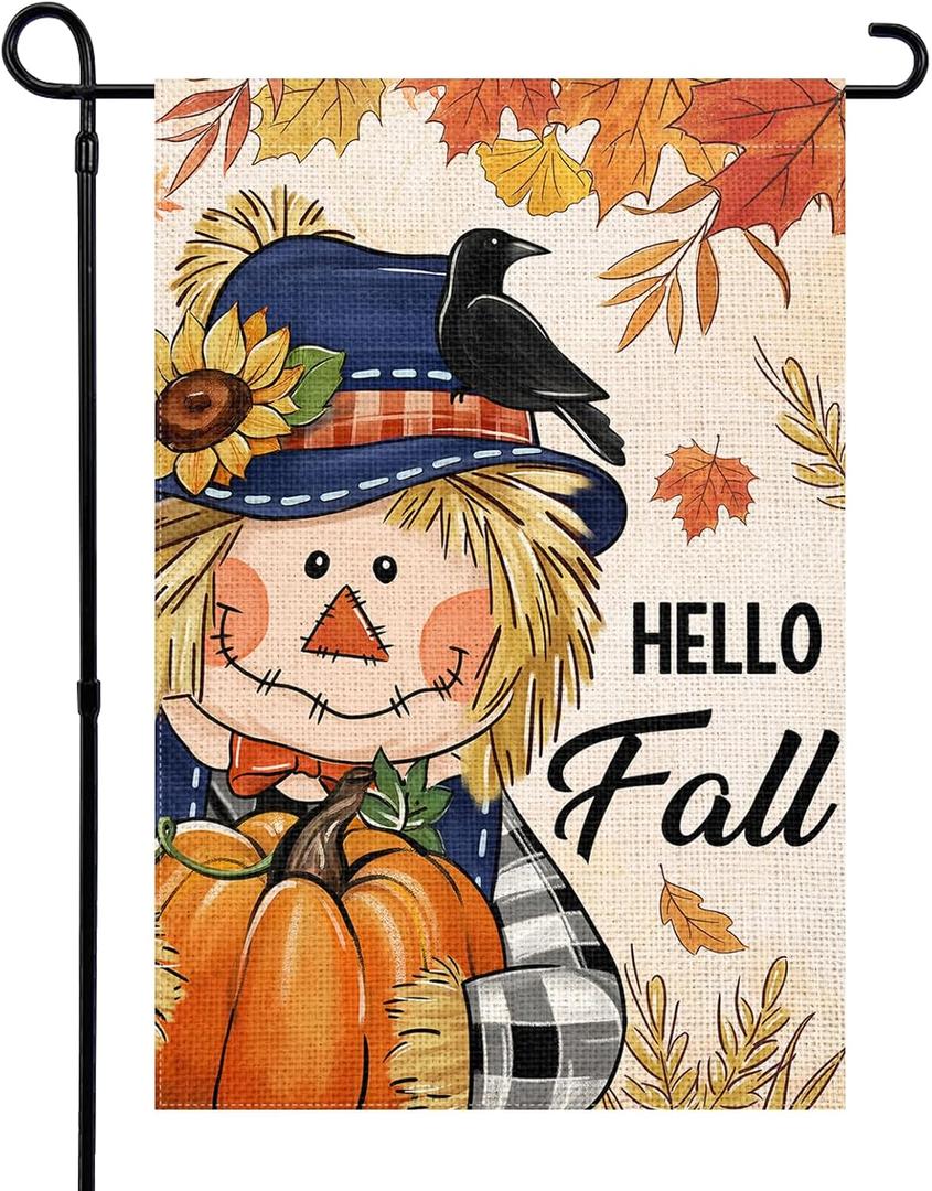 2 x Hello Fall Garden Flags 12x18 Inch Double Sided Burlap Autumn Flags