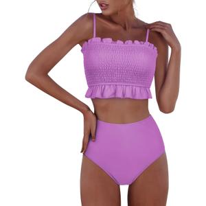RXRXCOCO Womens Shirred Bandeau Bikini Cute Two Piece Swimsuit Off Shoulder High Waist Bathing Suit (XS)