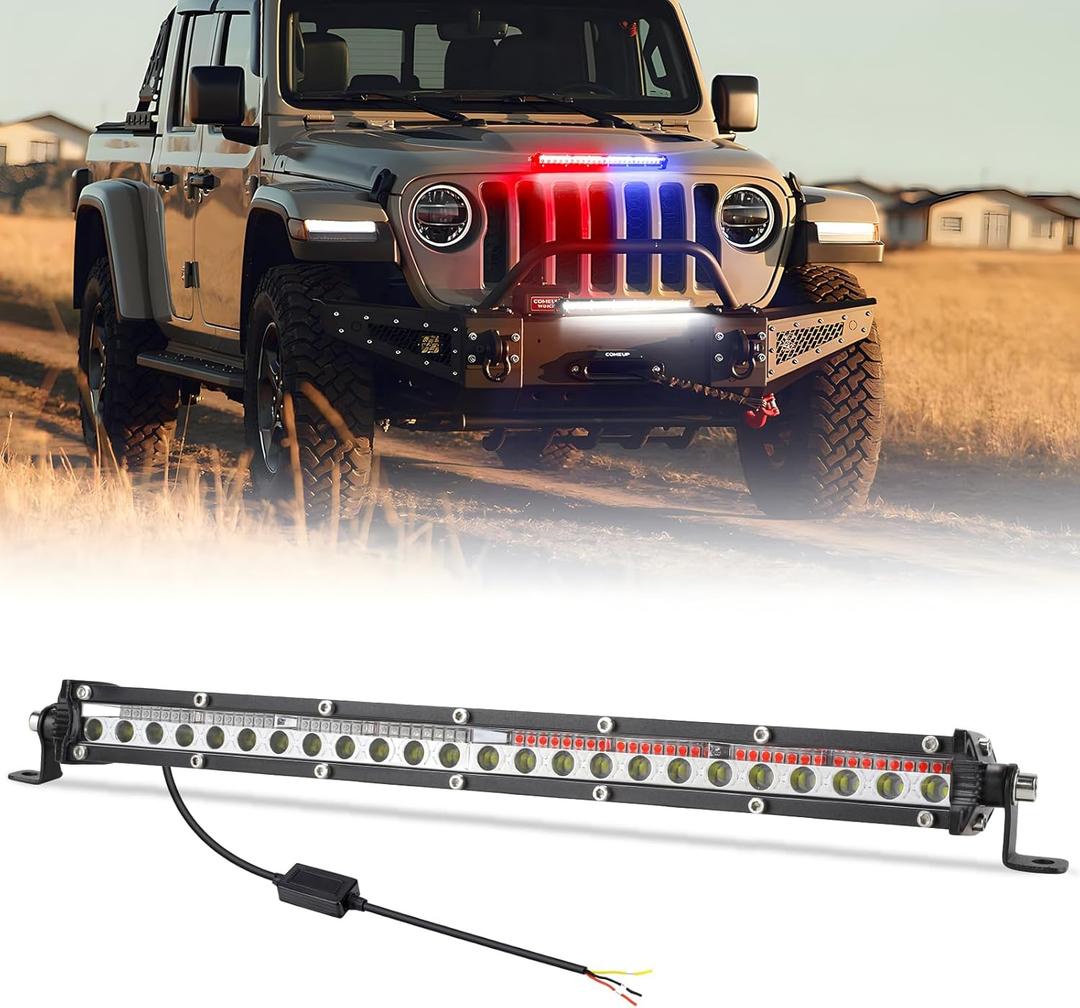 OPP ULITE Led Light Bar 13.5inch with Red Blue Strobe Light 1 Solid Mode & 1 Flashing Mode, 84pcs Led Spot Beam Slim Driving Work Lights for 4x4 Trucks SUV ATV UTV, 1PC Pack