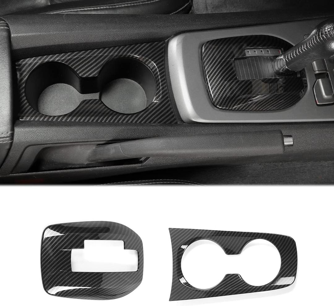 for Camaro Gear Shift Panel Cover, 2PCS Center Console Front Cup Holder Trim Compatible with 2010-2015 Chevrolet Chevy Camaro Interior Accessories, Carbon Fiber