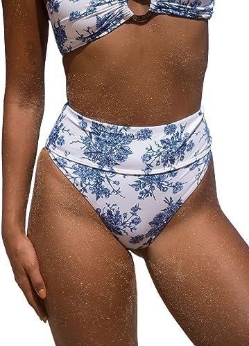 BERLOOK Women's Floral High Cut Wide Waistband Ribbed Tummy Control Coverage Bikini Bottom, M