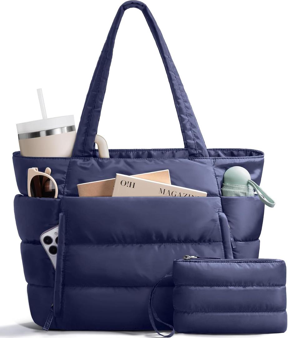 Bagstellar Puffer Tote Bag for Women, Lightweight Puffy Work Handbag Teacher Nurse Quilted Shoulder Bag for School Travel Gym | Cloud Bag w/ Zipper