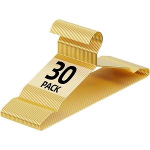 Metal Wire Clothes Hangers Bulk 30 Pack with Notches for Standard Size Coats, Shirts, Suits, Camisole, Dresses, Sturdy, Heavy-Duty, Space-Saving, Gold