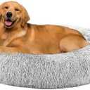 Donut Dog Bed, XL Large Round Calming Cat Bed with Washable Waterproof Cushion, Anti-Anxiety & Anti-Slip Fluffy Cuddle Cozy Faux Fur Plush for Pet Puppy Indoor Sleeping (37.4"x37.4", Grey)