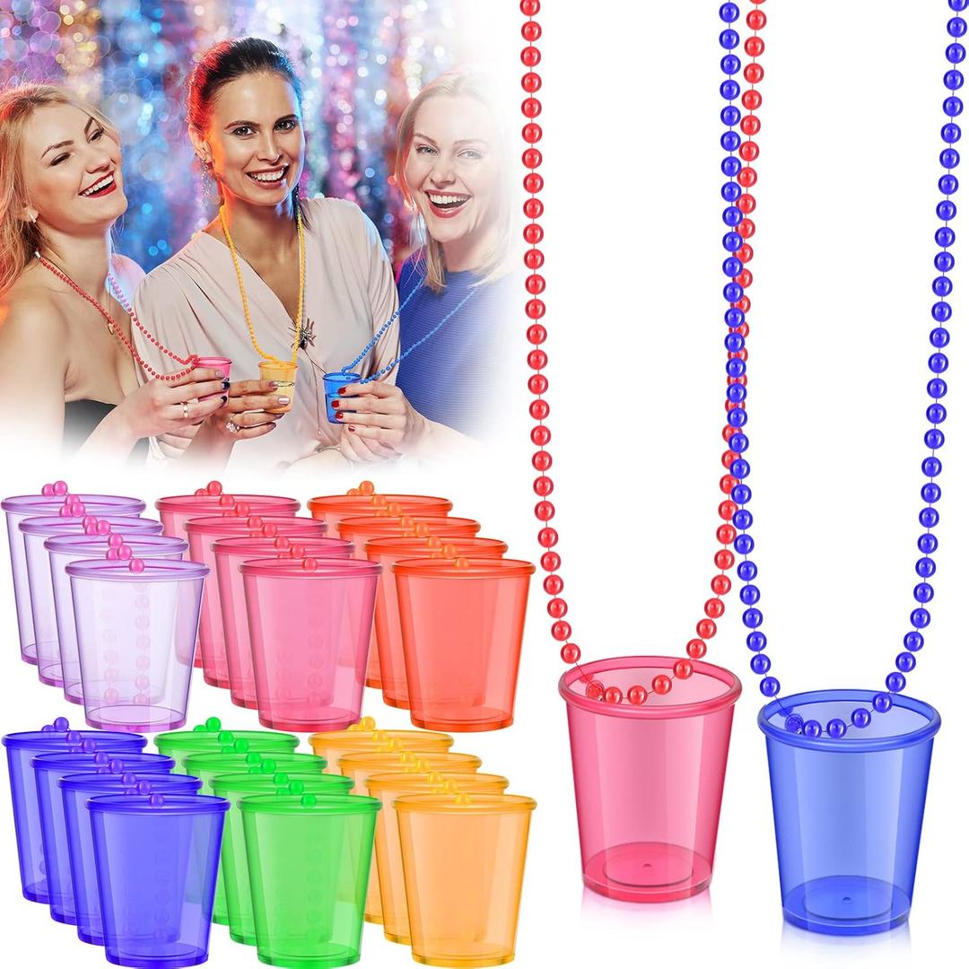 48 Packs Shot Glass Beaded Necklace Bulk, 2 oz Fun Plastic Shot Glass Cups Ornament for Birthday Bachelorette Drinking Party, 6 Colors