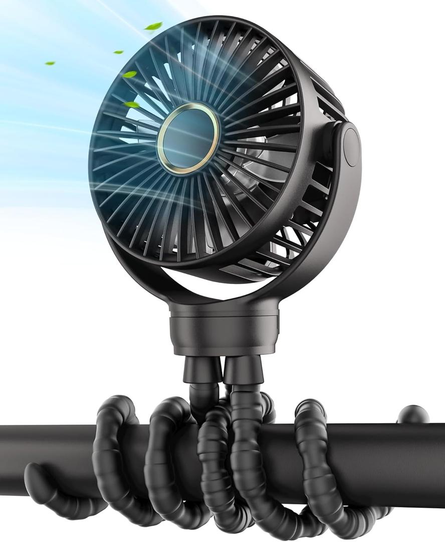 Stroller Fan: Rechargeable with TYPE-C Port, 4000mAh, 360° Rotatable, 3-Speed, Flexible Tripod, Clip Anywhere for Baby's Comfort - Durable and Easy to Clean, Black