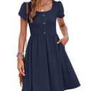 MOLERANI Women Summer Dresses Petal Sleeve Casual Square Neck Sundress Button Down 2025 Vacation Dress with Pockets Navy Blue,M