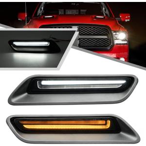 2Pcs White&Amber LED Hood Scoop Light for 2010-2018 Ram 1500 Sport Hood Air Flow Vent Grille Lamp with DRL Turn Signal Lights Functions Smoked Lens