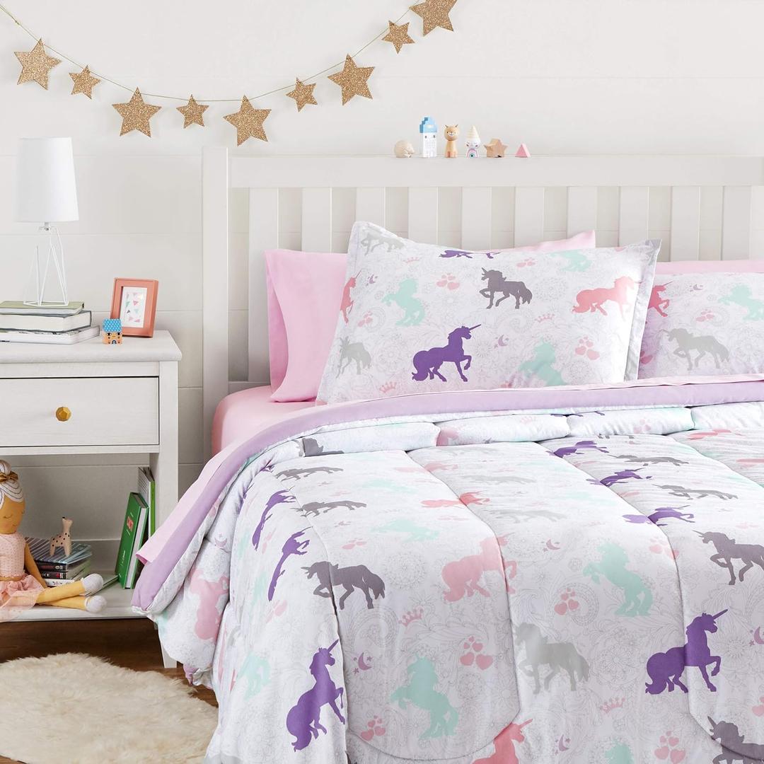 Amazon Basics 7-Piece Soft Microfiber Kid's Bed-in-a-Bag Bedding Set with Comforter and Sheet, Full/Queen, Purple Unicorns