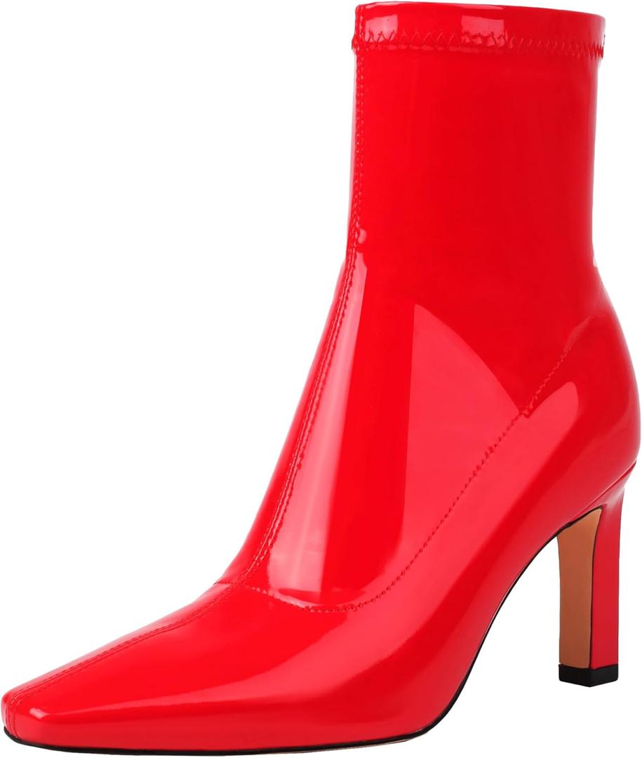Mofirdast Women's Mid Calf Boots Comfy Square Closed Toe Stiletto High Heel Boot Zipper Short Ankle Booties (6.5, Red)