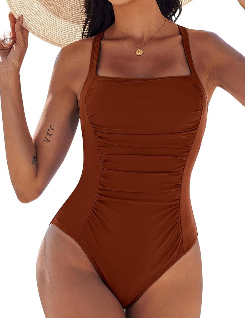 AI'MAGE Womens One Piece Swimsuits Tummy Control Ruched Slimming Bathing Suit Vintage Retro Push Up Swimwear S-XXL (Caramel)