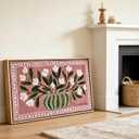 Large Framed Abstract Floral Wall Art, Vintage Muted Blush Flower Canvas, 32"LX16"W