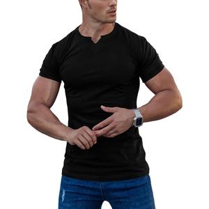 Agilelin Men's Muscle Short Sleeve Shirts Slim Fit V Neck T-Shirts (Black, L)