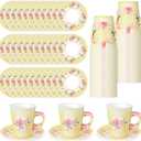 Zopeal 100 Pcs Disposable Tea Party Decorations 9 oz Floral Paper Cup with Handle and Saucer Set for Mother Day Wedding Birthday Spring Princess Blossom Party Baby Shower Supplies(Light Yellow)