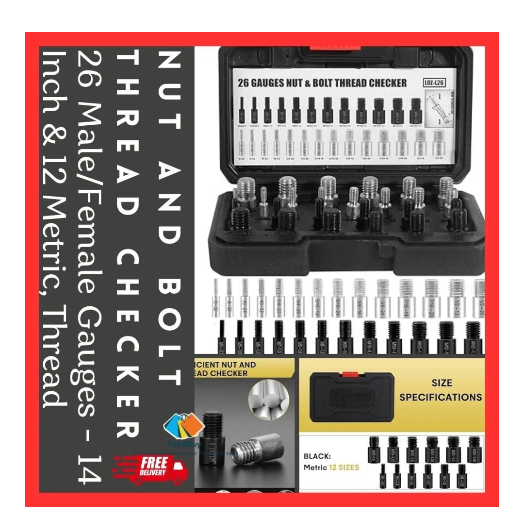 Nut And Bolt Thread Checker, 26 Male/Female Gauges - 14 Inch & 12 Metric, Thread