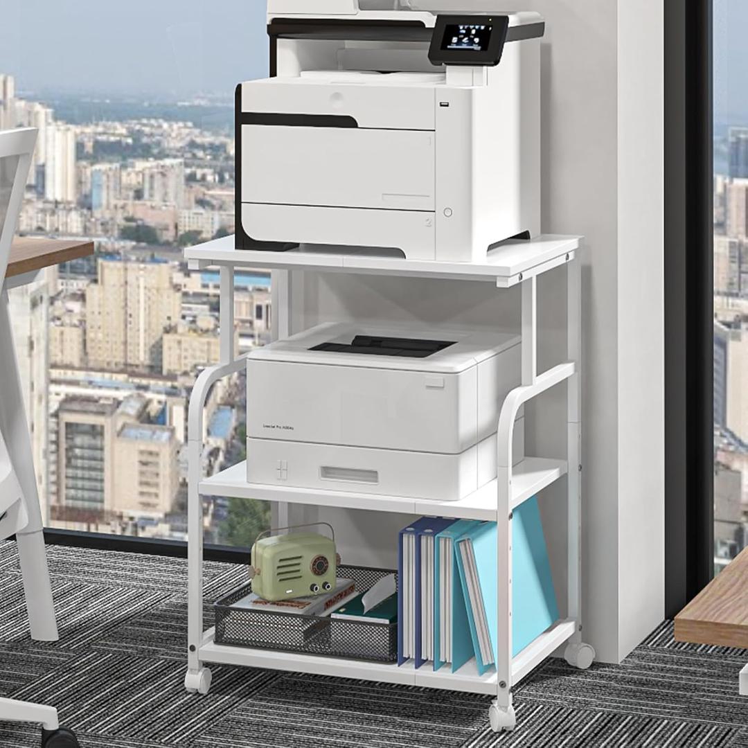 3-Tier Large Printer Stand with Storage, Rolling Printer Cart with Lockable Wheels for Home, Office (White)