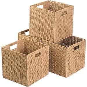 Foldable Storage Cube Bins Set of 4, Paper Woven Square Baskets, Natural, 11" x 11" x 11"