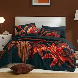WRENSONGE Queen Comforter Set, 7 Pieces Black Red Floral Comforter Set with Sheets for Queen Size Bed, Red Leaf Pattern Queen Bedding Set, Soft Lightweight Breathable Bed in a Bag for All Seasons