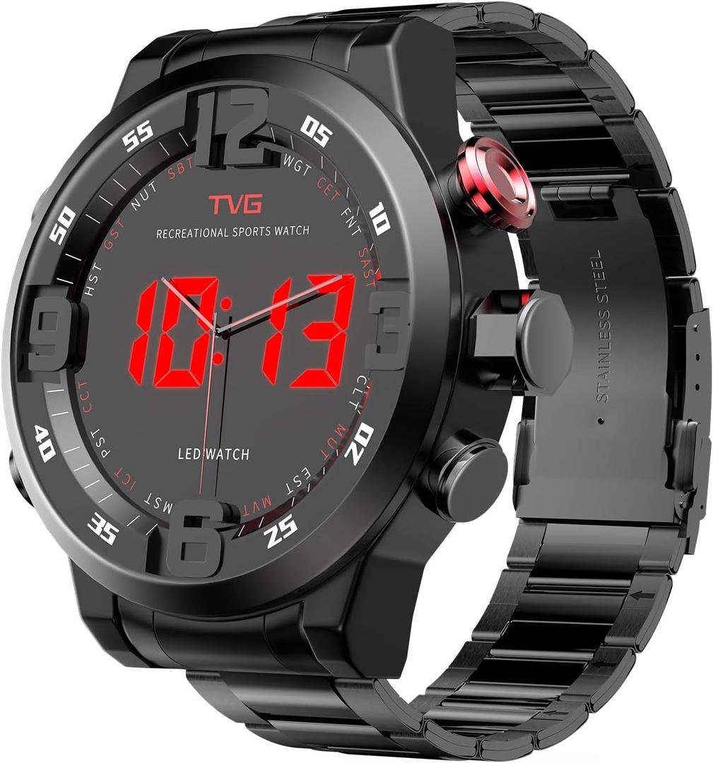 Men's Stainless Steel Watch, Fashion Business Design, Big Face Black Dual Movement, 3ATM Waterproof, with Date, Day, Alarm, LED Display