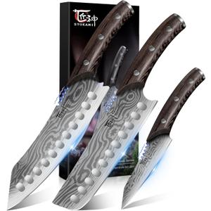 SYOKAMI Kitchen Knife Set, 3-Piece Japanese Style Chef Knives Set (8.2" Kiritsuke, 7.2" Nakiri, 4" Paring) for Precision Cutting, Damascus Pattern, Ergonomic Full Tang Wooden Handle, Cooking Gifts