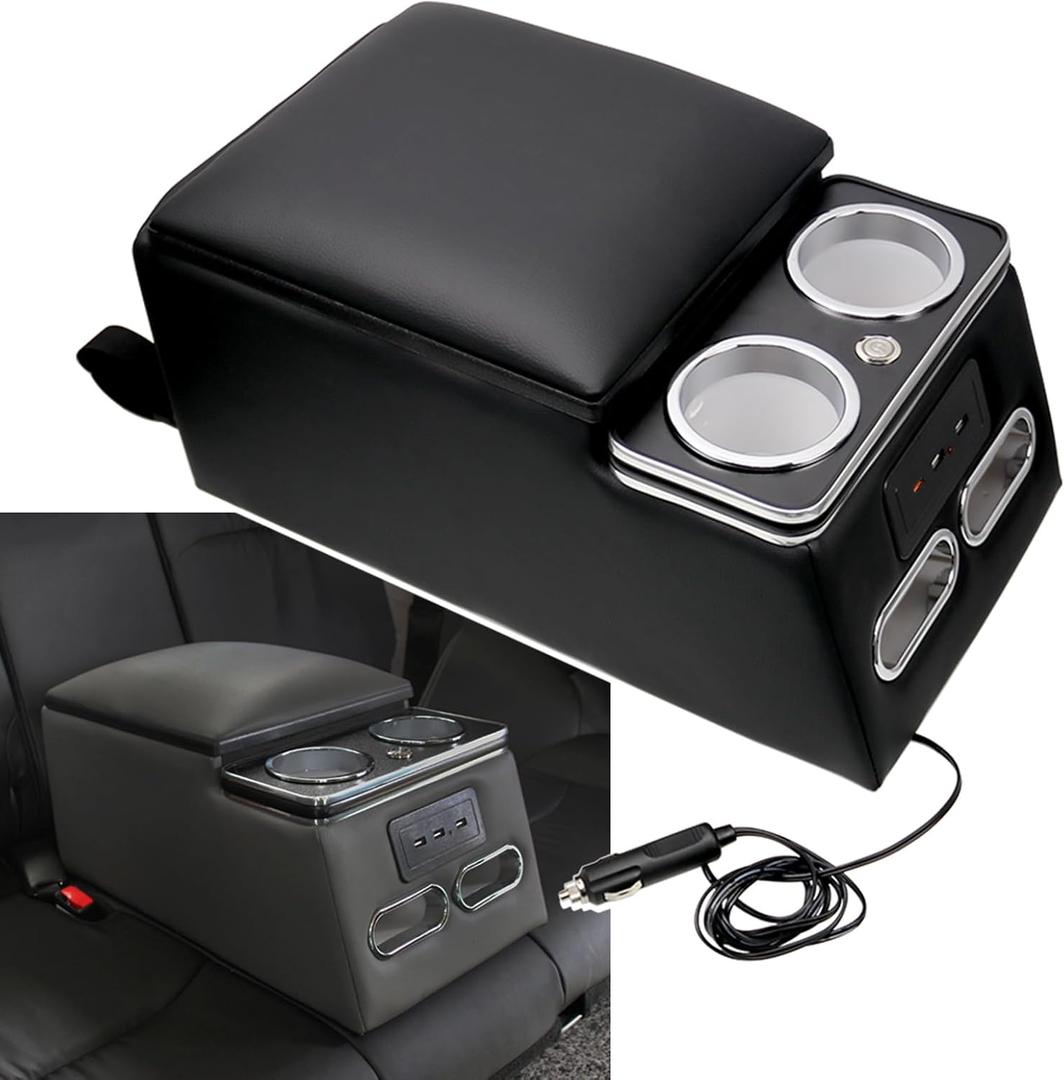 Sporacingrts Black Universal Truck Seat/Bench Organizer with LED Light, USB Port, Cup Holders, Armrest, Padded Top Lid - Ideal for Business Upgrade Center Console Organizerand