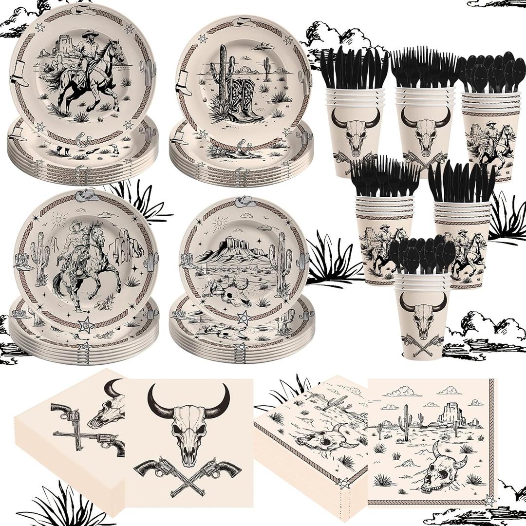 140Pcs Western Paper Plates and Napkins Set Cowboy Party Supplies Wild West Baby Shower Bachelorette Birthday Decorations, Includes Dessert Plates Napkins Cups Forks Knives and Spoon for 20 Guests