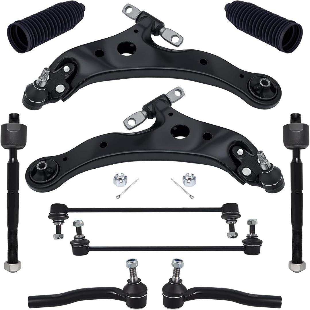 TUCAREST 10Pcs Suspension Kit Fit For 12-17 To-yota Camry, 13-18 Avalon, 2 Front Lower Control Arm w/Ball joint + Outer Inner Tie Rod + Sway Bar + Boots [# K621476 K621477 K750123 EV801497 ES800930]